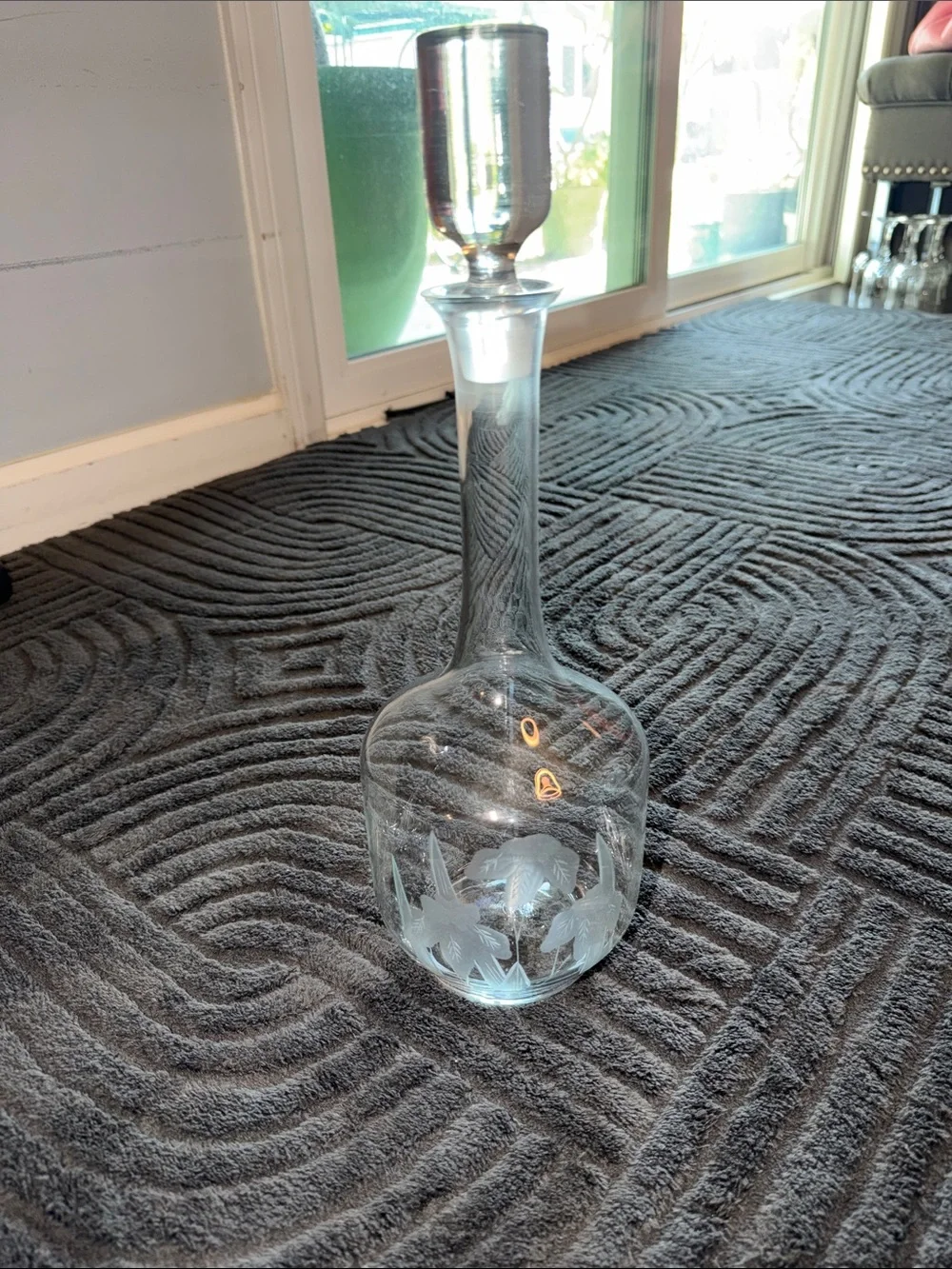Clear Etched Glass Vase with Silver-Top Stopper